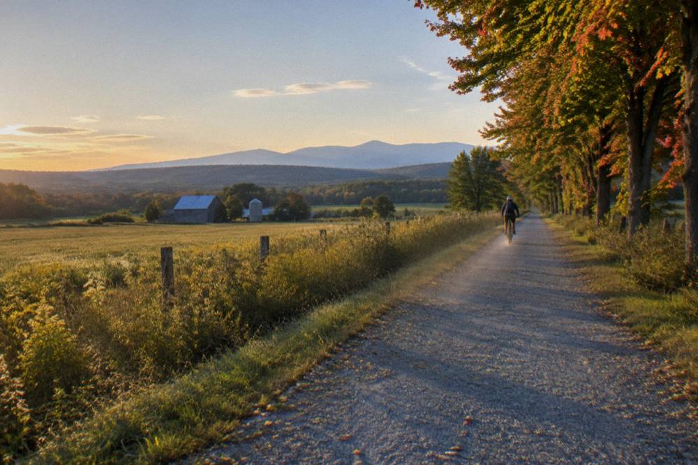 A cyclist riding a rail trail between open fields with mountains on the horizon